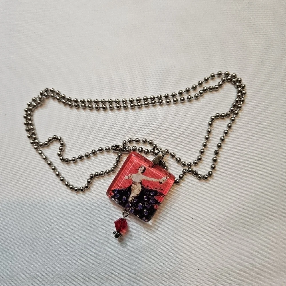 Hand Crafted vintage necklace handmade red & purple paper resin art ball chain